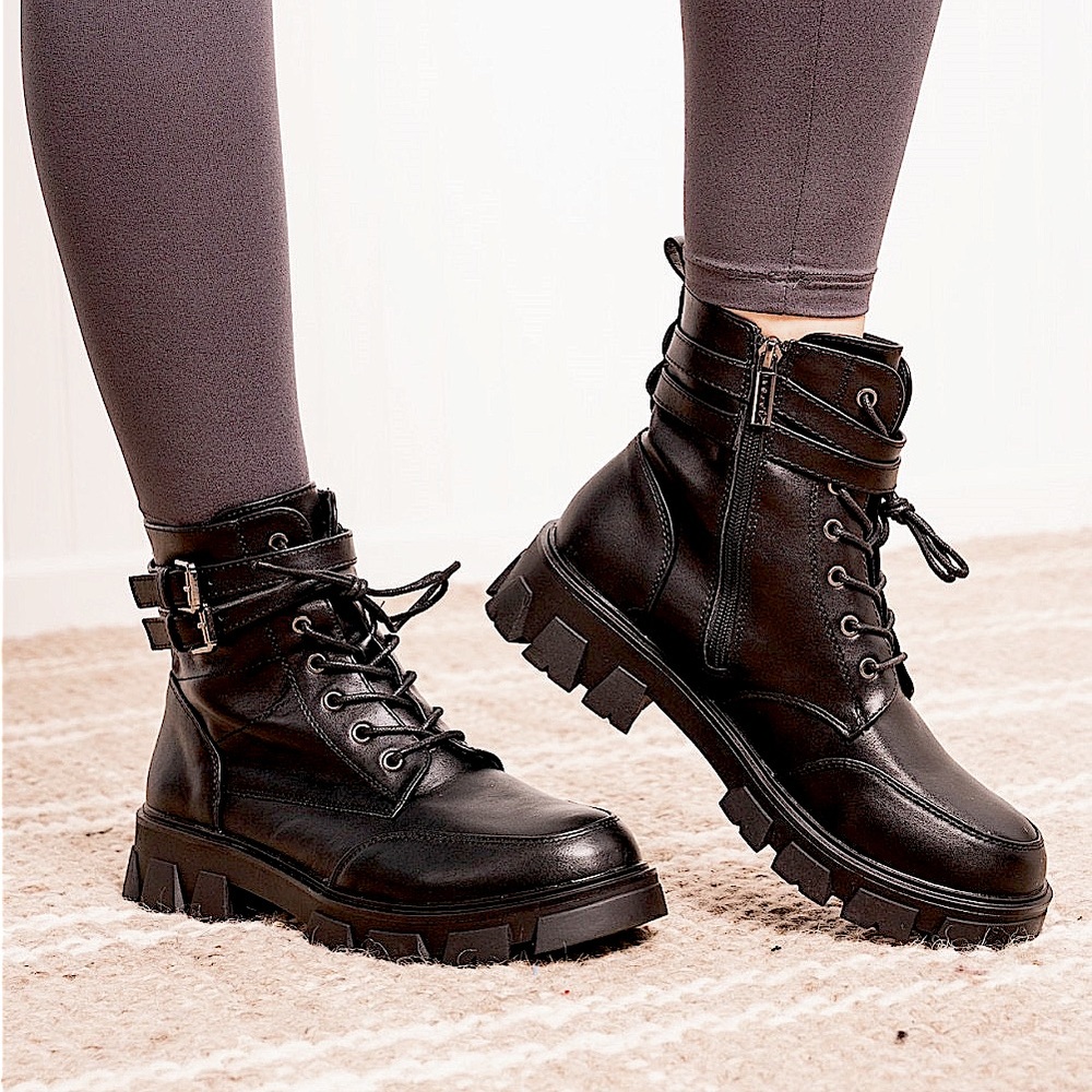Weeboo Faux Leather Buckled Combat Boots